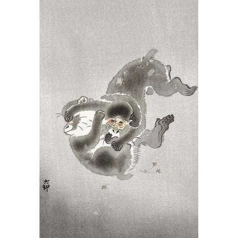 Two playing monkeys Gold Ornate Wood Framed Art Print with Double Matting by Koson, Ohara