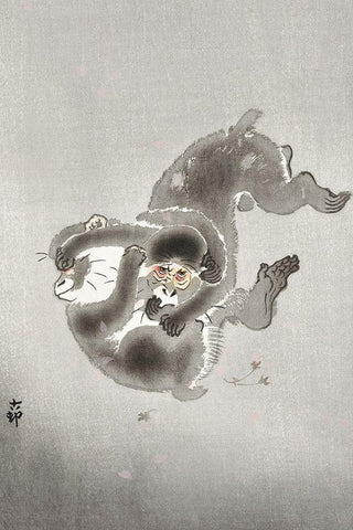 Two playing monkeys Black Ornate Wood Framed Art Print with Double Matting by Koson, Ohara