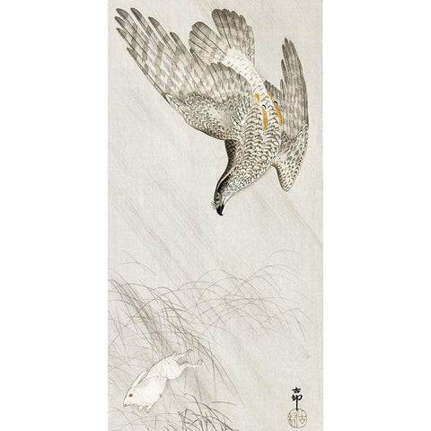 Hawk hunting a hare Gold Ornate Wood Framed Art Print with Double Matting by Koson, Ohara