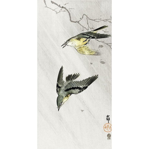 Songbirds in rain Gold Ornate Wood Framed Art Print with Double Matting by Koson, Ohara