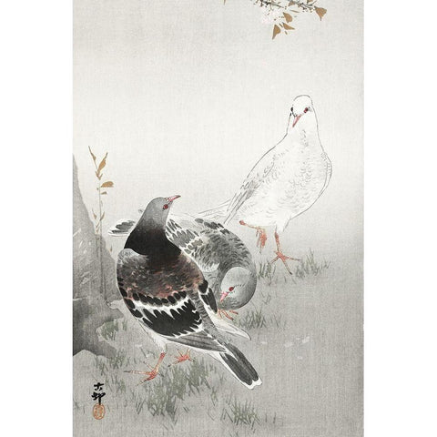 Three pigeons Gold Ornate Wood Framed Art Print with Double Matting by Koson, Ohara