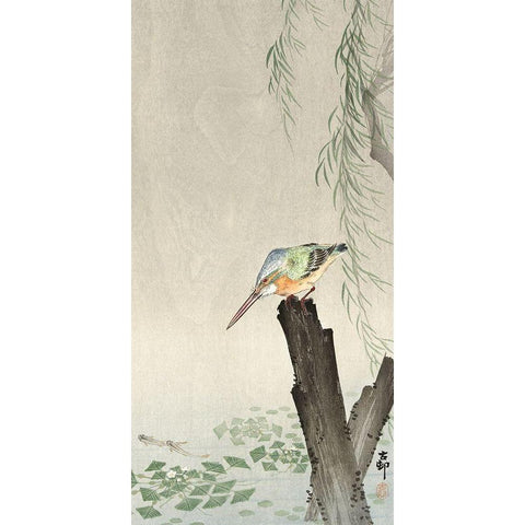 Kingfisher on a tree stump White Modern Wood Framed Art Print by Koson, Ohara