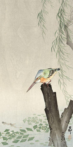 Kingfisher on a tree stump Black Ornate Wood Framed Art Print with Double Matting by Koson, Ohara