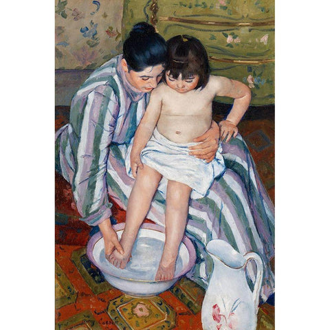 The Childs Bath White Modern Wood Framed Art Print by Cassatt, Mary