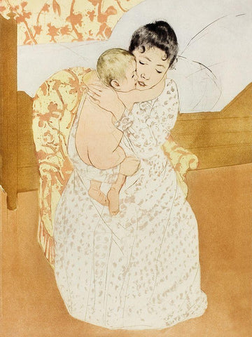 Maternal Caress Black Ornate Wood Framed Art Print with Double Matting by Cassatt, Mary