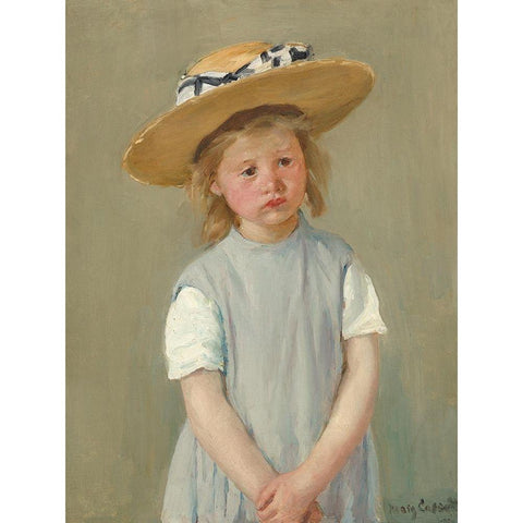 Child in a Straw Hat Black Modern Wood Framed Art Print with Double Matting by Cassatt, Mary