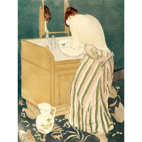 Woman Bathing Gold Ornate Wood Framed Art Print with Double Matting by Cassatt, Mary