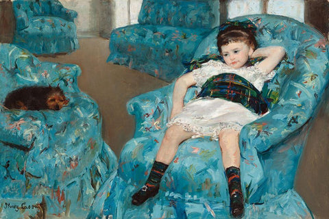 Little Girl in a Blue Armchair Black Ornate Wood Framed Art Print with Double Matting by Cassatt, Mary