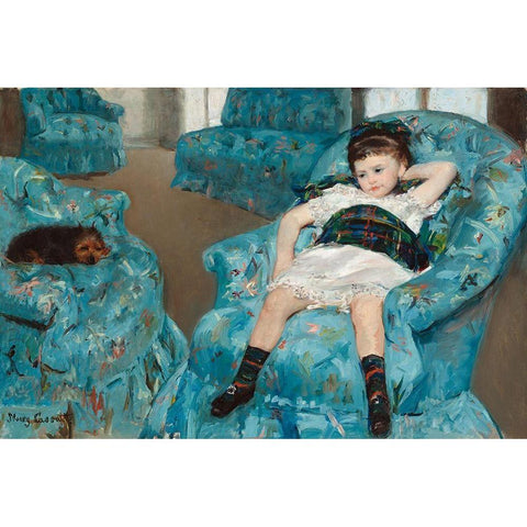 Little Girl in a Blue Armchair Black Modern Wood Framed Art Print with Double Matting by Cassatt, Mary