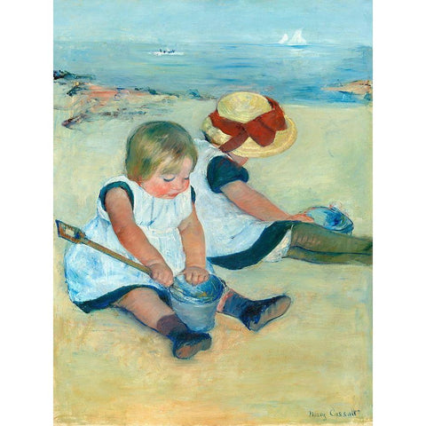 Children Playing on the Beach White Modern Wood Framed Art Print by Cassatt, Mary