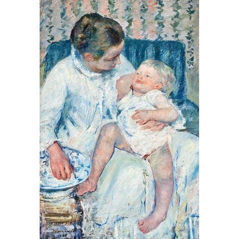 Mother About to Wash Her Sleepy Child Gold Ornate Wood Framed Art Print with Double Matting by Cassatt, Mary