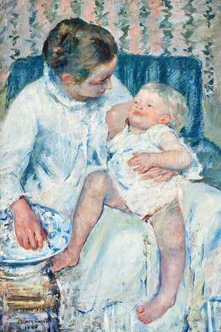 Mother About to Wash Her Sleepy Child White Modern Wood Framed Art Print with Double Matting by Cassatt, Mary