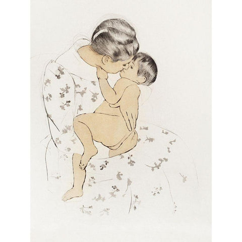 Mothers Kiss Gold Ornate Wood Framed Art Print with Double Matting by Cassatt, Mary