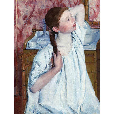 Girl Arranging Her Hair Gold Ornate Wood Framed Art Print with Double Matting by Cassatt, Mary