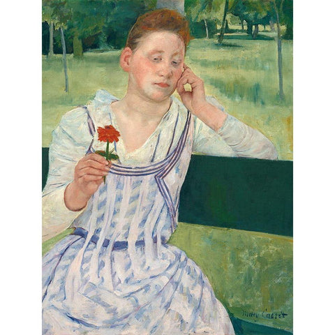 Woman with a Red Zinnia White Modern Wood Framed Art Print by Cassatt, Mary