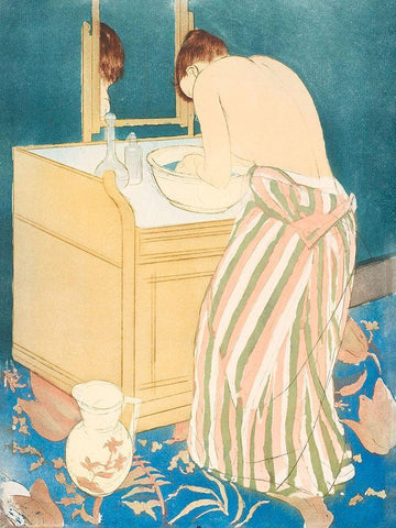 Woman Bathing Black Ornate Wood Framed Art Print with Double Matting by Cassatt, Mary