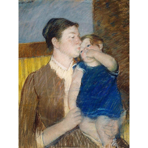 Mothers Goodnight Kiss Black Modern Wood Framed Art Print with Double Matting by Cassatt, Mary