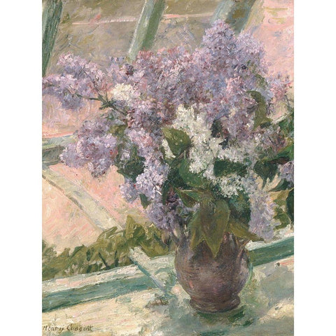 Lilacs in a Window White Modern Wood Framed Art Print by Cassatt, Mary