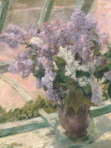 Lilacs in a Window White Modern Wood Framed Art Print with Double Matting by Cassatt, Mary