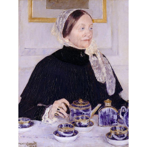 Lady at the Tea Table White Modern Wood Framed Art Print by Cassatt, Mary