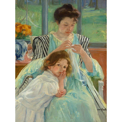 Young Mother Sewing Gold Ornate Wood Framed Art Print with Double Matting by Cassatt, Mary