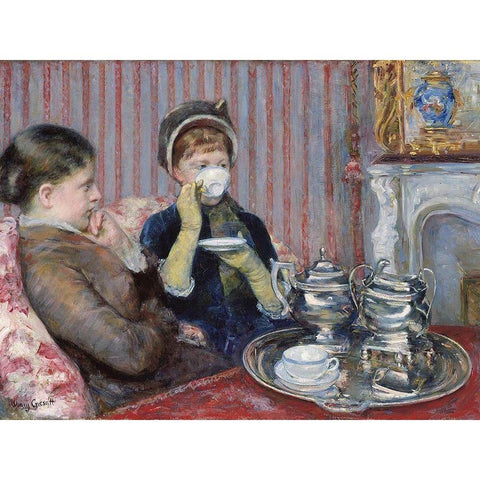 The Tea Black Modern Wood Framed Art Print with Double Matting by Cassatt, Mary