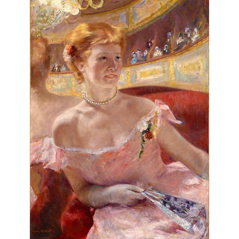 Woman with a Pearl Necklace in a Loge White Modern Wood Framed Art Print by Cassatt, Mary