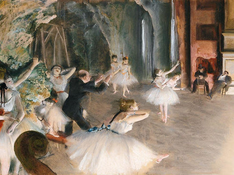 The Rehearsal Onstage Black Ornate Wood Framed Art Print with Double Matting by Degas, Edgar