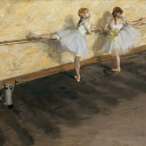 Dancers Practicing at the Barre Black Modern Wood Framed Art Print with Double Matting by Degas, Edgar