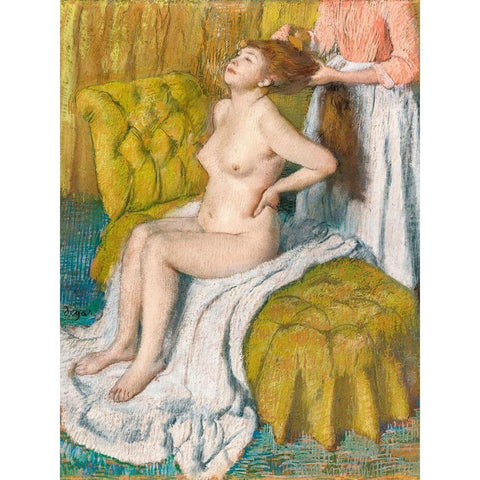 Woman Having Her Hair Combed Black Modern Wood Framed Art Print with Double Matting by Degas, Edgar