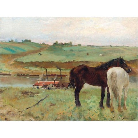 Horse in a Meadow Gold Ornate Wood Framed Art Print with Double Matting by Degas, Edgar