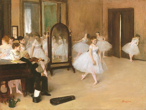 The Dancing Class White Modern Wood Framed Art Print with Double Matting by Degas, Edgar