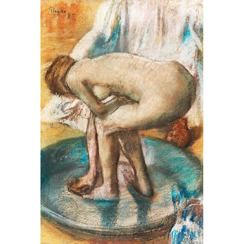 Woman Bathing in a Shallow Tub White Modern Wood Framed Art Print by Degas, Edgar