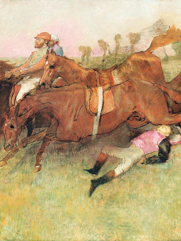 Scene from the Steeplechase: The Fallen Jockey Black Ornate Wood Framed Art Print with Double Matting by Degas, Edgar