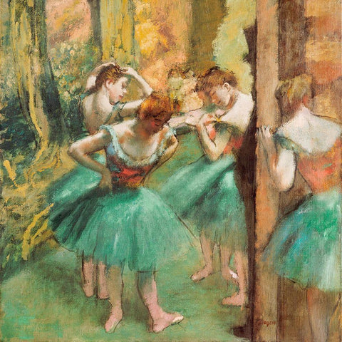 Dancers, Pink and Green White Modern Wood Framed Art Print by Degas, Edgar