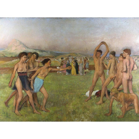 Young Spartans exercising Black Modern Wood Framed Art Print with Double Matting by Degas, Edgar