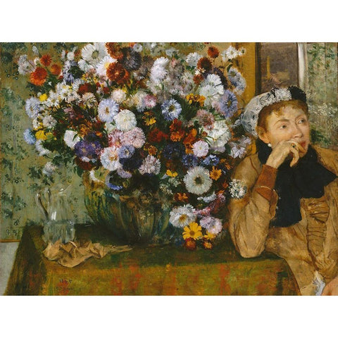 A Woman Seated beside a Vase of Flowers White Modern Wood Framed Art Print by Degas, Edgar