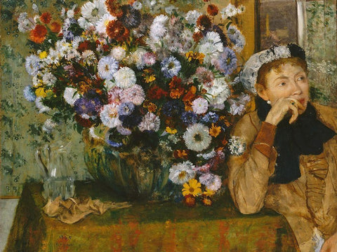 A Woman Seated beside a Vase of Flowers Black Ornate Wood Framed Art Print with Double Matting by Degas, Edgar