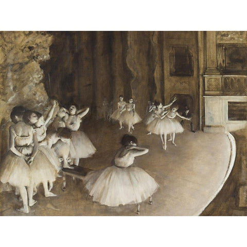 Ballet Rehearsal on Stage Gold Ornate Wood Framed Art Print with Double Matting by Degas, Edgar