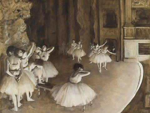 Ballet Rehearsal on Stage Black Ornate Wood Framed Art Print with Double Matting by Degas, Edgar