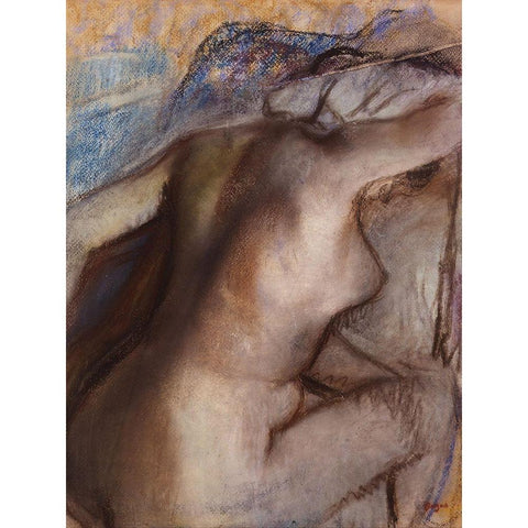 After the Bath, Woman Drying Herself White Modern Wood Framed Art Print by Degas, Edgar