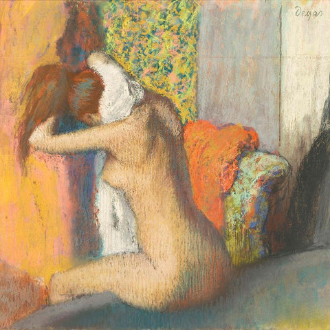 After the Bath, Woman Drying her Nape Black Ornate Wood Framed Art Print with Double Matting by Degas, Edgar