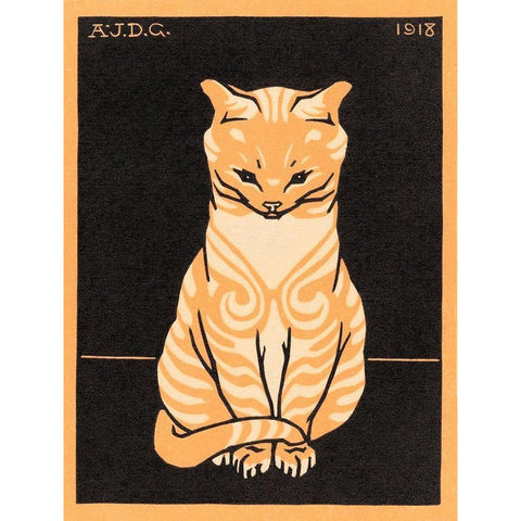 Sitting Cat Gold Ornate Wood Framed Art Print with Double Matting by De Graag, Julie