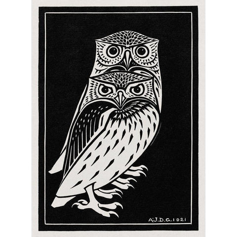 Two owls Black Modern Wood Framed Art Print with Double Matting by De Graag, Julie