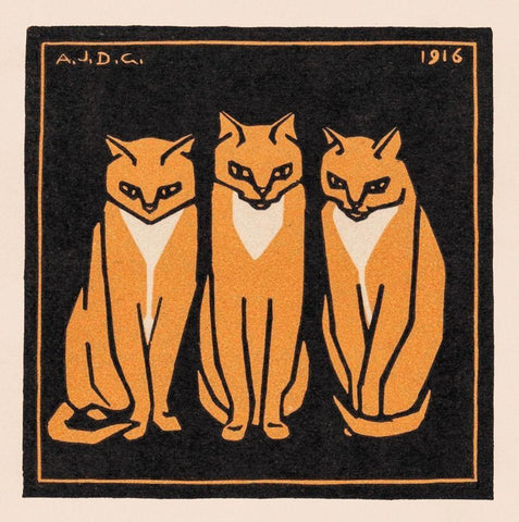 Three cats White Modern Wood Framed Art Print with Double Matting by De Graag, Julie