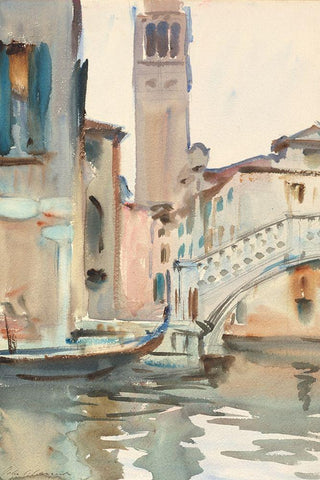 A Bridge and Campanile, Venice White Modern Wood Framed Art Print with Double Matting by Sargent, John Singer