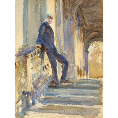 Sir Neville Wilkinson on the Steps of the Palladian Bridge at Wilton House White Modern Wood Framed Art Print by Sargent, John Singer