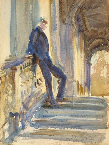 Sir Neville Wilkinson on the Steps of the Palladian Bridge at Wilton House Black Ornate Wood Framed Art Print with Double Matting by Sargent, John Singer