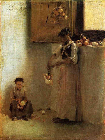 Stringing Onions White Modern Wood Framed Art Print with Double Matting by Sargent, John Singer