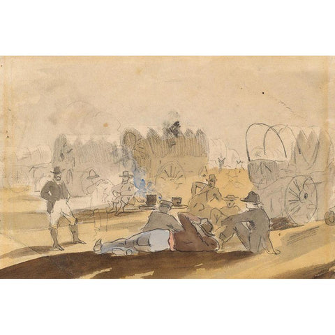 Caravan with Covered Wagons Resting White Modern Wood Framed Art Print by Homer, Winslow